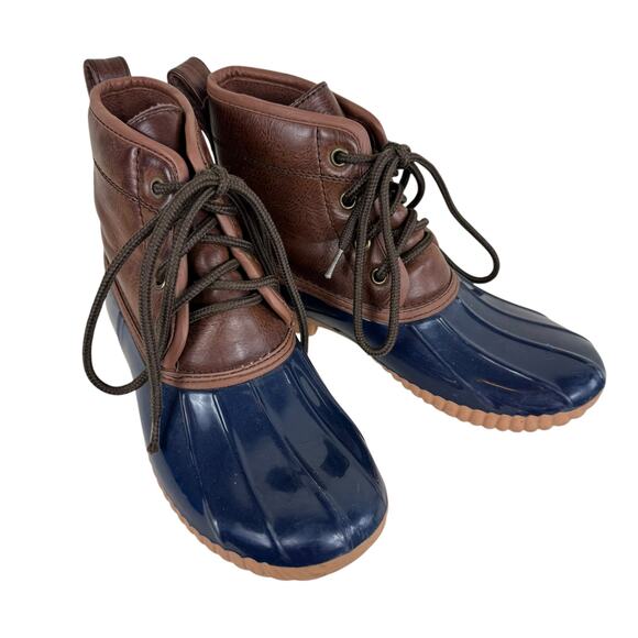 Capelli Brown Navy Rubber Faux Leather Lace Up Ankle Duck Boot Winter Size 6 - Picture 1 of 8